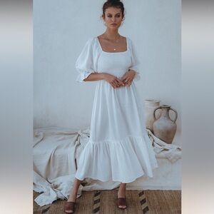 Smocked Square-Neck White Midi Dress with Puff Sleeves
